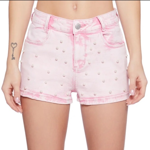 Sugar Thrillz Dolls Kill Pink Denim Pearl Encrusted Front Shorts size 1X
